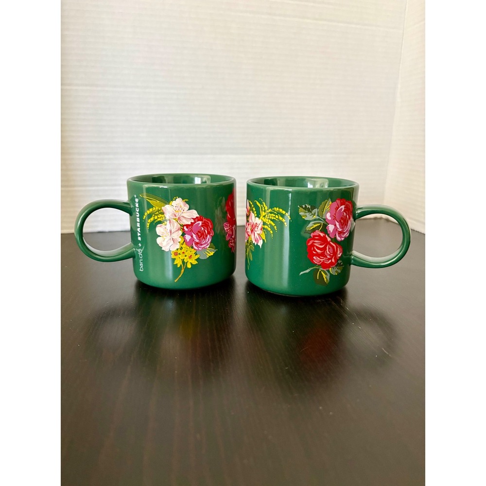 Starbucks‎ x ban.do Coffee Mugs Set of 2 12oz Green Floral Rose Ceramic 2018
